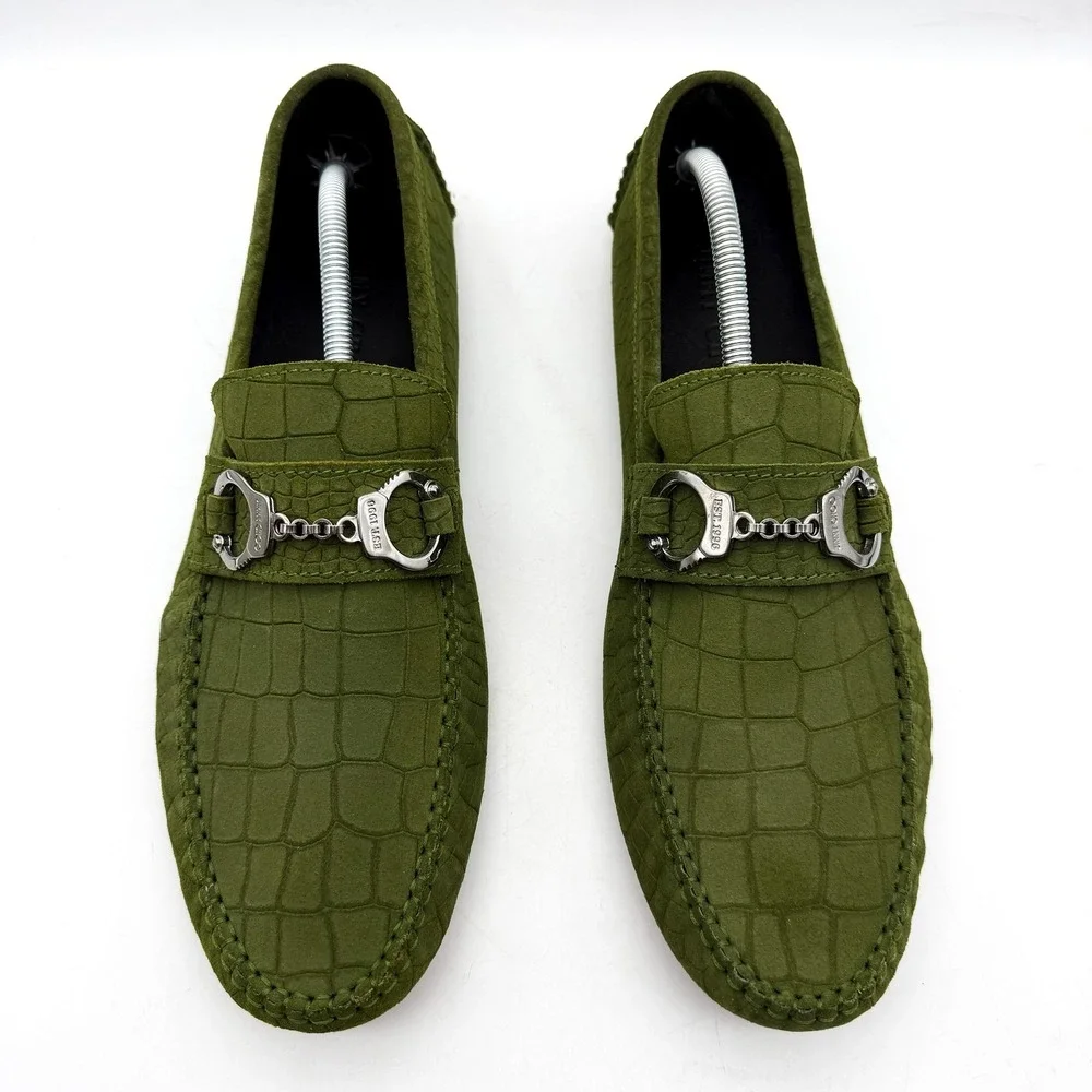 Jimmy Choo Croc Embossed Suede Driving Loafers Green Silver Hardware Size 46